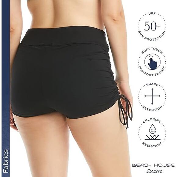 Beach House Swim Shorts Black Ruched Adjustable Side Tie Up UPF Modest 20W NWT - Picture 14 of 15